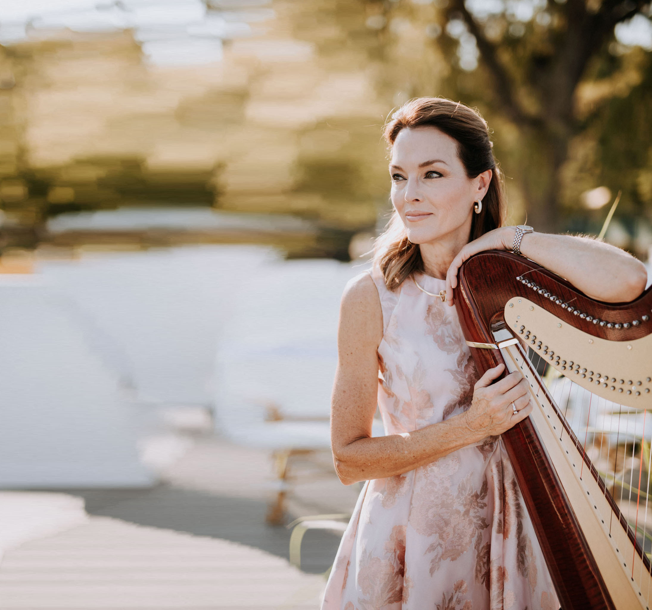 Sylvia Norris playing the harp at golden hour